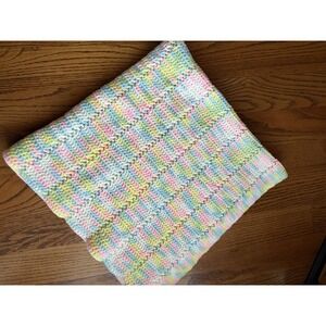 Vtg Handmade  Crochet Baby Blanket Crib Unisex Blue Pink Yellow Green Striped‎